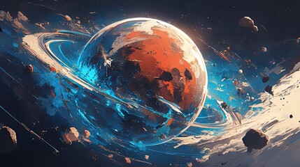 Wall Mural - Red planet in space, nebula and asteroid field. Red star with blue glow on black background. Digital art illustration.