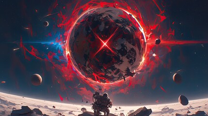 Wall Mural - Red planet in space, nebula and asteroid field. Red star with blue glow on black background. Digital art illustration.