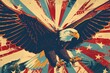 An illustration of an eagle with its wings spread wide against a background of stars and stripes.