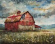 Painting of an old weathered barn with an American flag painted on the side.