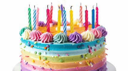 Wall Mural - Vibrant birthday cake with lit candles, isolated on white background - festive celebration dessert in png format