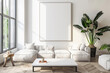 © ontsunan - Blank square frame mock up, a minimalist living room, ecofriendly decor, soft natural lighting.