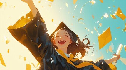 Poster - A young woman student joyously celebrates her graduation clad in a cap and gown
