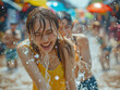 photo of girl in Songkran festival, she smile and playing water