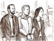 Pastel pencil pen and ink sketch illustration of an convicted defendant convict accompanied buy lawyer for sentencing hearing in courtroom or court of law drawing.