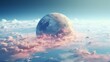 Surreal view of a gigantic planet rising above soft pink clouds in a blue sky
