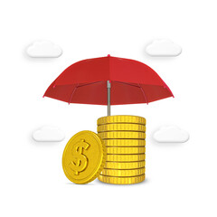 Umbrella red color stand with gold coin dollar 3d render