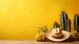 Fototapeta Sport - Cinco de Mayo banner background concept with sombrero hat ornament, cactus and flowers