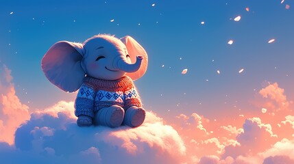 Poster - A cute baby elephant is rocking a cozy sweater while chilling on a fluffy cloud