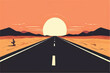 Scene with long road through desert illustration. Road through hot Desert. Vector Illustration. Desert landscape illustration with beautiful sunset view.