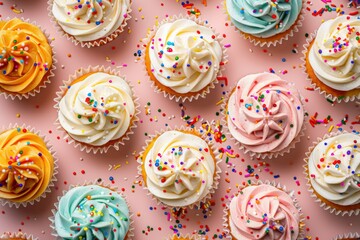 cupcakes decorated with colorful sprinkles and topped with swirls of whipped cream