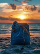   A blue bag atop a sandy beach, beneath a blue sky; sun sets, background