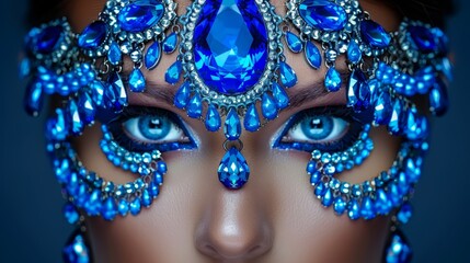 Wall Mural -   A tight shot of a woman's face adorned with a blue masks featuring embedded jewels at the eye areas