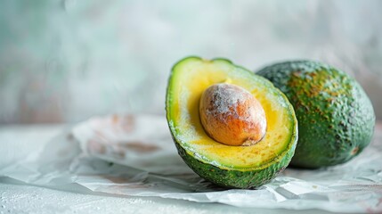   Two avocados atop wax paper on a white background