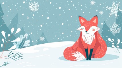 Poster -   A red fox sits in the snow, flakes gently landing on its back, while trees stand tall in the background