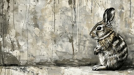 Wall Mural -   A black-and-white drawing of a rabbit seated before a grungy wall, featuring peeling paint