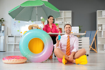 Sticker - Happy office workers in flippers with cocktail and passport near inflatable ring in office. Summer vacation concept