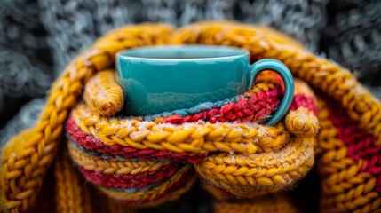 Wall Mural -  a mug nestled in the yarn's center, swathed by a scarf