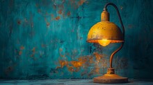   A Yellow Lamp Atop A Table, Beside A Blue Wall, Faces A Rusted Wall Behind