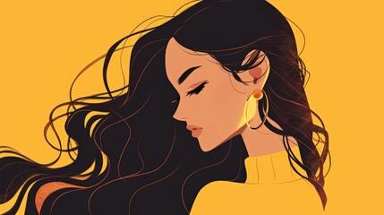 Wall Mural - 2d illustration of a stylish single woman with long flowing hair in a flat design