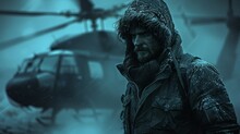  A Bearded Man In A Hooded Jacket Stands Before A Helicopter