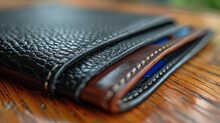   A Tight Shot Of A Wallet On A Wooden Table, A Cell Phone Lying Beside It
