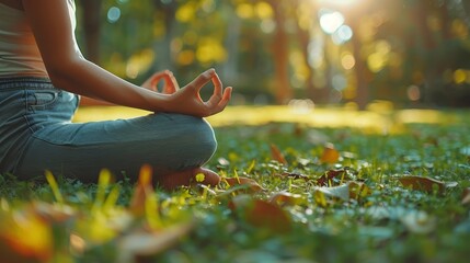 Wall Mural -   Person in yoga pose, hands raised, sun shines behind trees