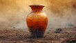   A brown vase sits in the midst of a dirt field, emitting steam from its spout