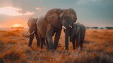 Fototapeta  -   A herd of elephants atop a dry, grass-covered field as the sun sets in the distance