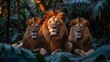   Three lions seated together atop a verdant forest teeming with palm trees