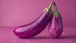   Two purple eggplant halves sit side by side on a pink surface, dripping with water