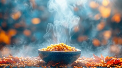   A blue bowl holds food, placed on a table beside a mound of orange and red leaves