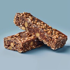   A tight shot of two chunks of chocolate and nuts against a blue backdrop, accompanied by a few extra pieces in the distance