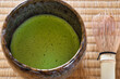 日本の伝統文化　茶道　畳の上の茶碗と抹茶と茶筅
Japanese traditional culture, Tea Ceremony, tea bowl, matcha, and chasen on tatami
