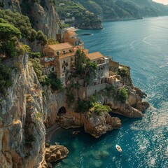 Wall Mural - Aerial stock image of the Amalfi Coast, Italy, picturesque villages perched on steep cliffs overlooking the Mediterranean Sea, stunning and romantic