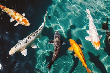 Wall Mural - Group of koi fish swimming in pond