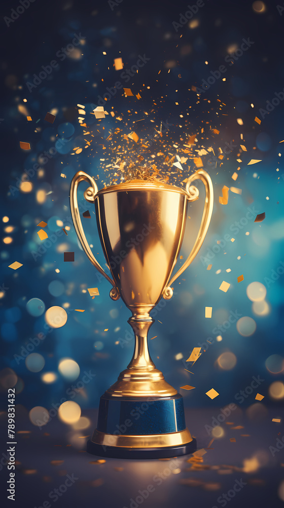 Gold first place winner trophy with falling confetti and ribbons Stock ...
