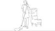 The cleaning lady washes the floor. Cleaning the premises. A woman with a mop in her hands. One continuous line . Line art. Minimal single line.White background. One line drawing. 