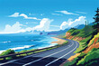 Summer road trip adventure, a scenic coastal highway, with winding roads, breathtaking ocean views, and a clear blue sky. Vector Illustration. 