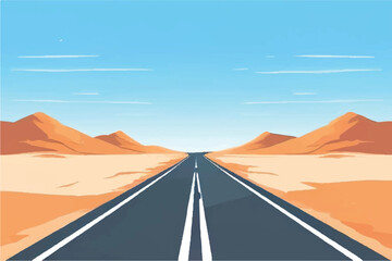 Wall Mural - Road in the desert. Asphalt highway with markings in the countryside. Road through a desert with beautiful sky. Vector Illustration background. 