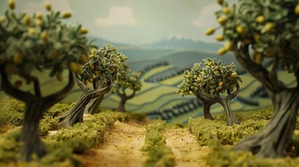 Olive grove in the style of plasticine claymation character