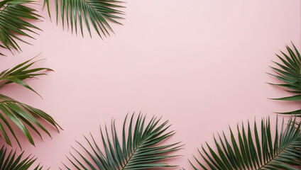 Wall Mural - creative layout of colorful palm leaves on a pink background in the rays of the sun, with shadows. m