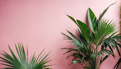 Wall Mural - creative layout of colorful palm leaves on a pink background in the rays of the sun, with shadows. m