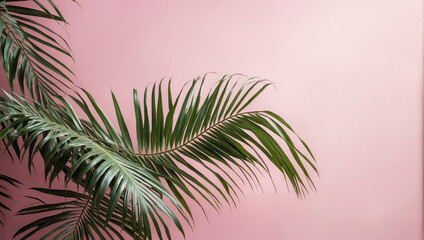Wall Mural - creative layout of colorful palm leaves on a pink background in the rays of the sun, with shadows. m