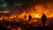 A group of brave firefighters confront a raging wildfire under a night sky, surrounded by flying embers and flames.