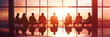  A silhouette of a business meeting during a dramatic sunset, reflections on a shiny table. Mood earnest professionalism, Silhouette Business People Discussion Meeting Cityscape Team Concept 