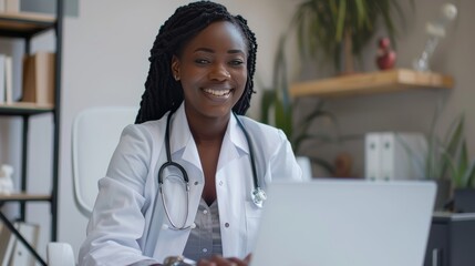 Black woman, doctor in portrait and healthcare, smile in office and laptop, medical professional and happy in career. Female physician, hands and health mindset with cardiologist at clinic and leader