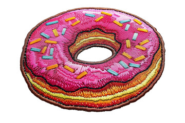 pink glazed donut with multicolor sprinkles embroidery. embroidered patch badge of a classic ring do