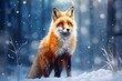 Cute red fox baby cartoon dreamlike in snow, winter, . Animal and landscape concept. Pro Photo
