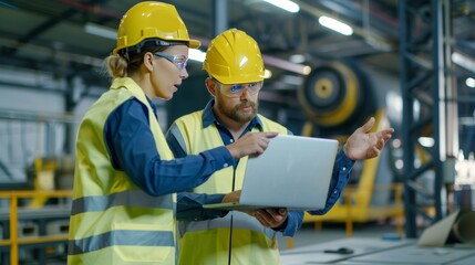 Male and Female Industrial Engineers in Hard Hats Discuss New Project while Using Laptop. They Make Showing Gestures.They Work in a Heavy Industry Manufacturing Factory